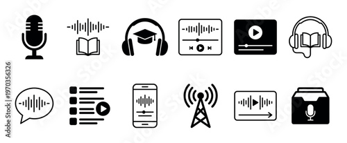 Set of black podcast and audio icons representing broadcasting, streaming, and digital media in a minimalist vector glyph and line art style