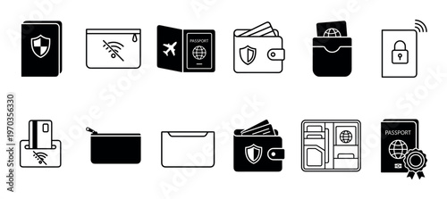 Set of travel and finance icons in a minimalist black and white style, featuring passports, wallets, credit cards, and security symbols like shields and locks