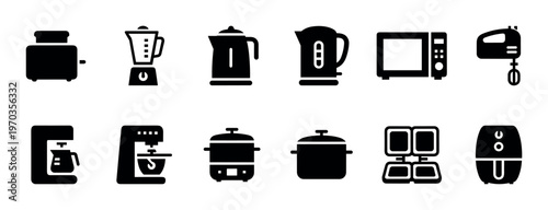 Comprehensive set of black silhouette kitchen appliance icons, featuring common household devices for cooking and food preparation, rendered in a clean, modern, and minimalist graphic style