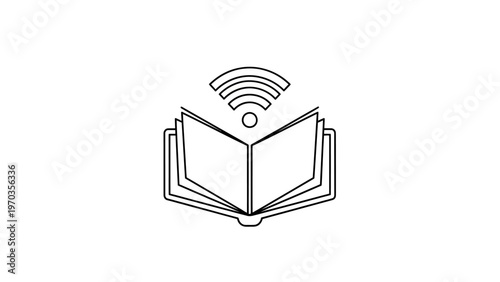Line art of an open book with wireless signals emanating from it