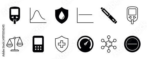 Set of black minimalist icons related to diabetes and blood sugar monitoring, with symbols for a glucometer, insulin, glucose levels, and medical protection for healthcare concepts