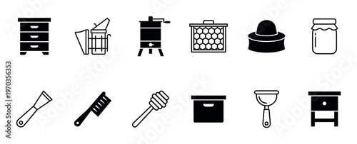 Beekeeping and honey production icon collection in a mixed glyph and line art style, featuring apiary equipment like a beehive, smoker, extractor, honeycomb, and various beekeeper tools