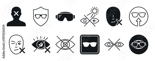 Set of black and white icons representing vision protection, anonymity, and facial recognition concepts, featuring minimalist glyphs of glasses, eyes, and faces