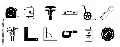 Set of black measuring tool icons for construction and engineering, featuring a tape measure, caliper, ruler, and level, presented in a minimalist glyph and line art style