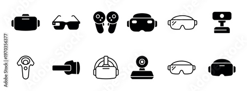 Collection of virtual and augmented reality device icons including headsets, smart glasses, and controllers, presented in a simple black silhouette and outline vector graphic style