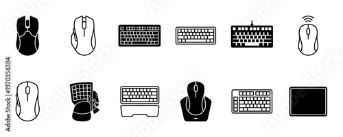 Collection of computer keyboard and mouse icons in a minimalist black and white glyph style showing various peripheral designs for gaming and office work