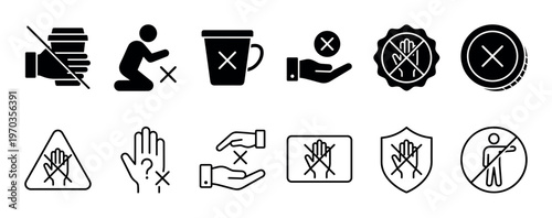 Set of black prohibition and rejection icons showing various warning signs, denial gestures, and cancellation symbols in a minimalist glyph and line art style for user interface
