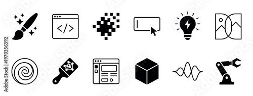 Collection of black minimalist icons representing technology, creativity, and digital media, including symbols for coding, design, robotics, and 3D modeling in a clean glyph style