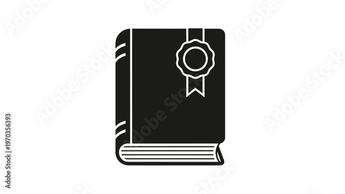 Black icon of a book with a ribbon and seal, symbolizing achievement