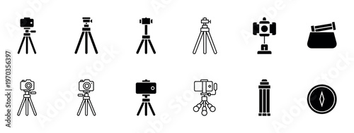 Collection of black photography equipment icons including various tripods, cameras, a monopod, and a compass in a minimalist glyph and outline style for graphic design