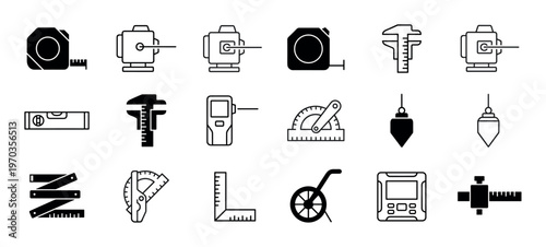Black measuring and construction tool icons set featuring tape measure, caliper, level, and protractor for engineering and architectural design projects in a minimalist linear style