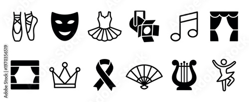 Collection of black and white performing arts icons are neatly arranged, depicting various elements of theatre, dance, and music in a clean, illustrative style