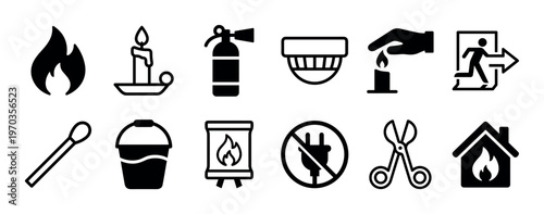 Set of black fire safety icons representing various hazards and prevention methods, including a flame, extinguisher, smoke detector, emergency exit, and house fire symbol