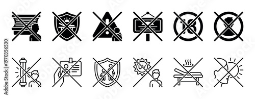 Set of black prohibition glyph icons showing contraindications for cosmetology procedures like solarium, UV exposure, and laser treatment, presented in a simple linear vector style
