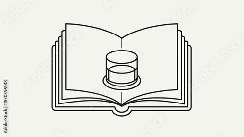 Open book with a layered cylinder in the center on a plain background