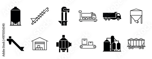Set of agricultural industry icons in black glyph and line styles, illustrating grain storage, transportation, and processing with silos, trucks, and conveyors