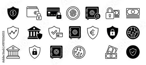 Set of black security and finance icons including a safe, credit card, shield, and fingerprint, illustrating concepts of digital payment protection and secure banking