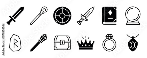 Twelve distinct fantasy role-playing game icons are presented in a clean, minimalist black and white style, featuring essential adventure elements like swords, staffs, shields, and magical artifacts