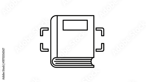 Stylized line art of a closed book with scanning brackets on either side