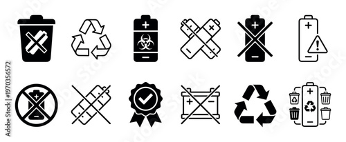 Battery disposal and recycling black vector icons showing hazardous waste warnings, do not trash signs, and ecological safety instructions for proper sorting and collection