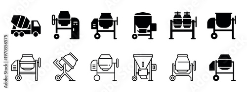 Twelve distinct black and white concrete mixer icons are neatly arranged, showcasing various designs of construction equipment and a cement truck in a clear, graphic style