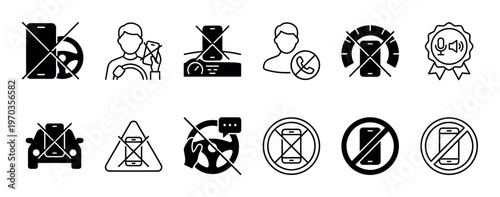 Set of black warning icons depicting the prohibition of using a mobile phone, texting, or calling while driving a car for road safety awareness