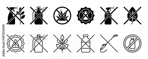 Set of black no pesticide and herbicide free icons in glyph and line art styles showing crossed out sprayers, plants, and chemical bottles for organic labeling