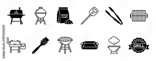 Barbecue and grilling equipment icon set featuring a smoker, charcoal grill, tongs, thermometer, and wood chips in a minimalist black glyph and line art style for outdoor cooking concepts