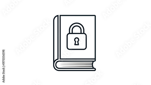 A minimalist, black and white line drawing of a closed book with a lock on its cover