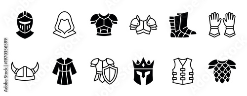 Collection of black medieval fantasy armor icons showing various pieces of equipment like helmets, gauntlets, and chestplates in a minimalist glyph and outline vector style for RPG games