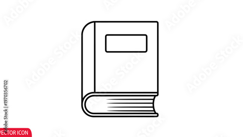 A simple outline of a closed book with a rectangular label on the cover