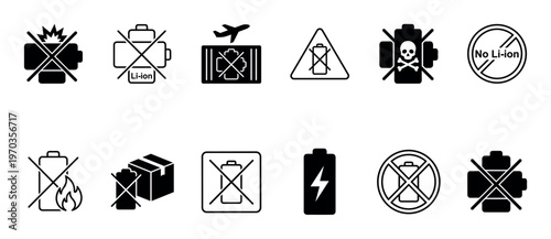 Collection of black battery safety icons representing lithium-ion restrictions, warnings, and prohibitions for shipping, air travel, and handling dangerous goods