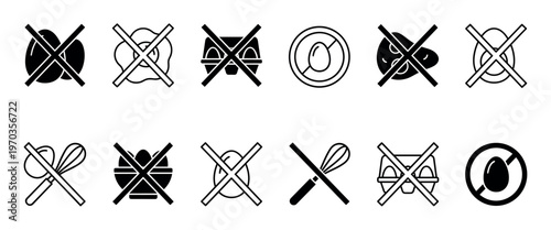 Twelve distinct black and white egg allergy icons are displayed in a grid, featuring various egg forms, egg cartons, and whisks, all crossed out to signify an egg-free diet or restriction
