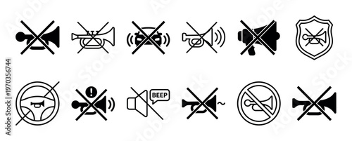 Diverse set of black line and silhouette icons representing no honking rules, including various crossed-out horns, megaphones, and car symbols for traffic and quiet zone regulations