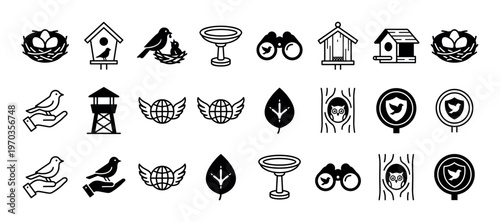 Collection of black birdwatching icons including a nest with eggs, birdhouse, binoculars, feeder, and symbols for nature conservation and wildlife observation
