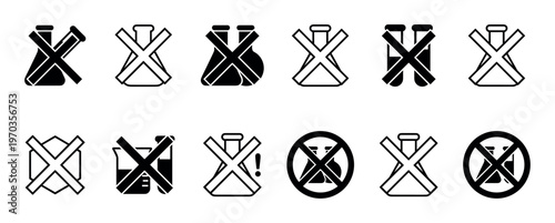 Collection of black chemical-free icons showing crossed-out laboratory flasks and beakers in various minimalist styles, representing concepts like no additives or artificial ingredients
