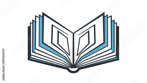 Stylized open book with geometric pages in dark blue and light blue