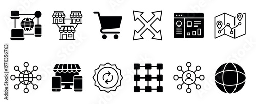 Twelve black minimalist icons for online business and technology, featuring symbols for global networking, e-commerce, logistics, user interface, and customer connection
