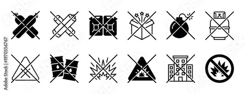Set of black prohibition warning icons showing hazardous materials and explosive substances that are forbidden, including gas cylinders, bombs, fireworks, and flammable liquids
