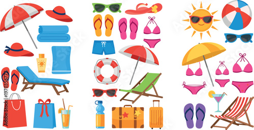 Summer Beach Vacation Essentials Set with Umbrella, Sunglasses, Beach Bags, Towels, Swimsuits, Ice Cream, and Outdoor Accessories for Travel and Fun