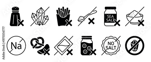 Salt-free diet black glyph icons set showing crossed-out shaker, fries, pretzel, and sodium symbol for healthy eating, nutrition, and dietary restriction concepts