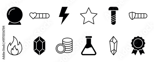 Set of black minimalist game interface icons featuring various elements like a crystal ball, health bar, lightning bolt, gem, coins, and an achievement medal for fantasy RPGs