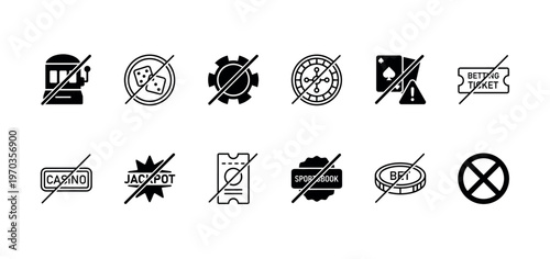 Twelve black gambling prohibition icons clearly illustrate various restrictions and warnings against betting activities, presented in a clean, minimalist graphic style