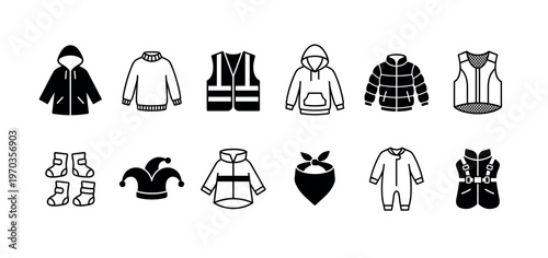 Set of various clothing and accessory icons including jackets, vests, a hoodie, and a sweater, presented in a minimalist black and white glyph and line art vector style