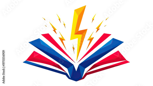 Red, blue, and yellow stylized book with lightning bolts erupting from center