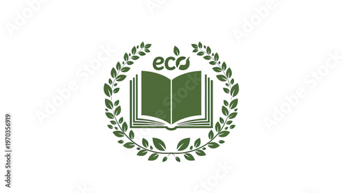 Green open book with laurel wreath and 'eco' leaf detail