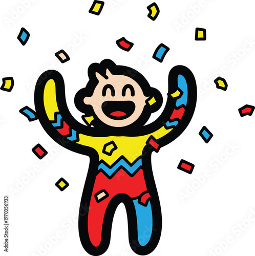 Happy cartoon figure enjoys festive confetti shower