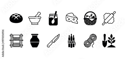 Set of black minimalist icons representing traditional homesteading, crafting, and farming with bread, cheese, a loom, and gardening tools in a simple glyph style collection