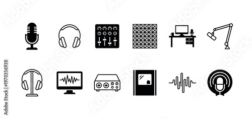 Set of black podcasting equipment icons showing a microphone, headphones, audio mixer, sound wave, and computer for broadcasting, streaming, and recording content in a studio