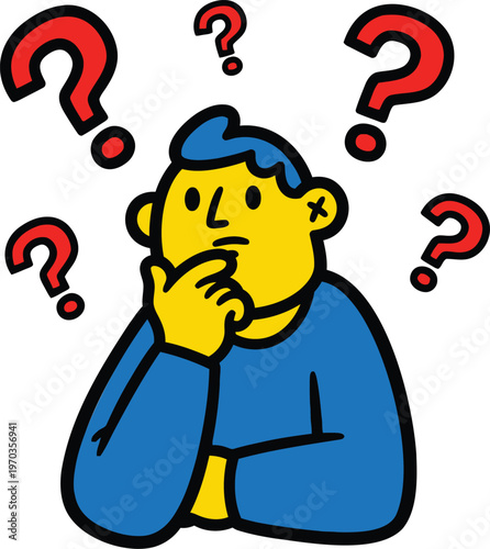 Cartoon Man with Question Marks - Thinking Process